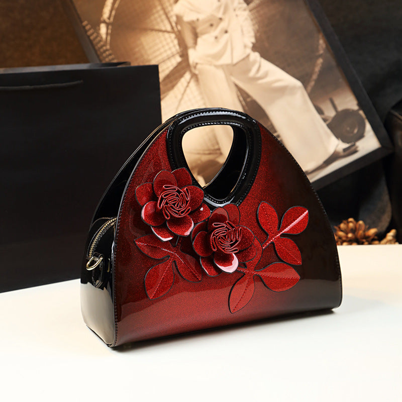 Flower designed Handbag Versatile Patent Leather