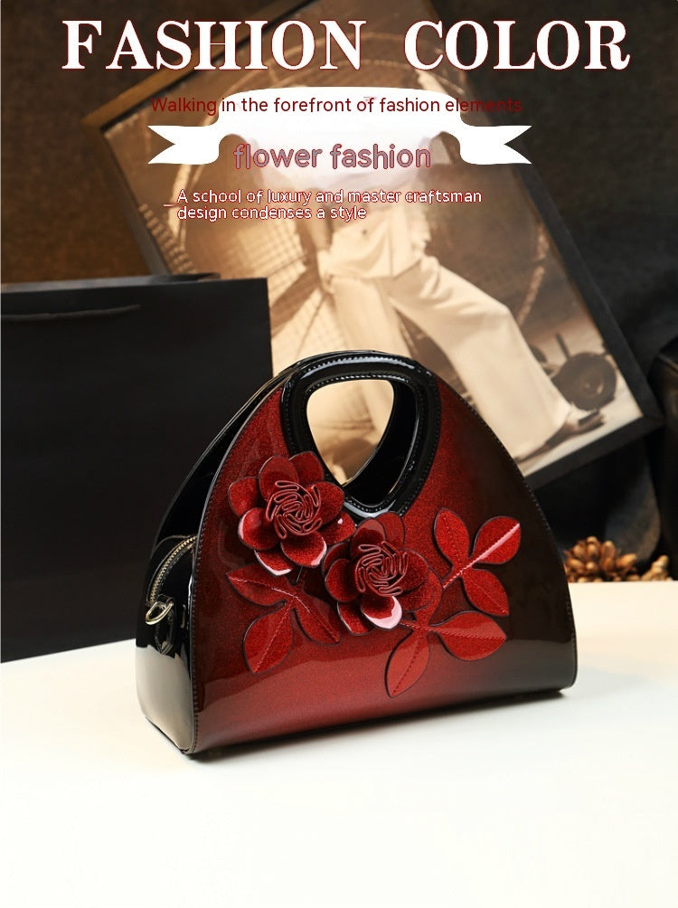 Flower designed Handbag Versatile Patent Leather